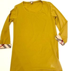 Yellow mustard Burberry 3/4 sleeve tee with plaid detail S